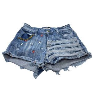 Vintage Guess Womens Jean Shorts Denim Distressed Spikes Size 23 Stars & Stripes